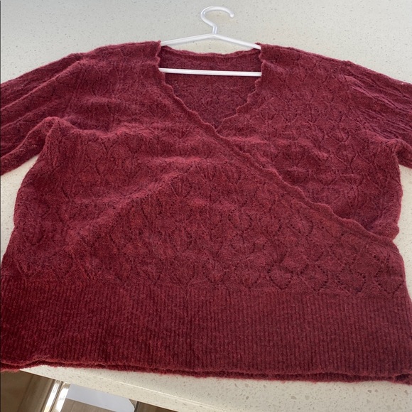 Old Navy Wool-Blend Wrap-Front Sweater pointelle red burgundy umber earth M - Picture 2 of 5